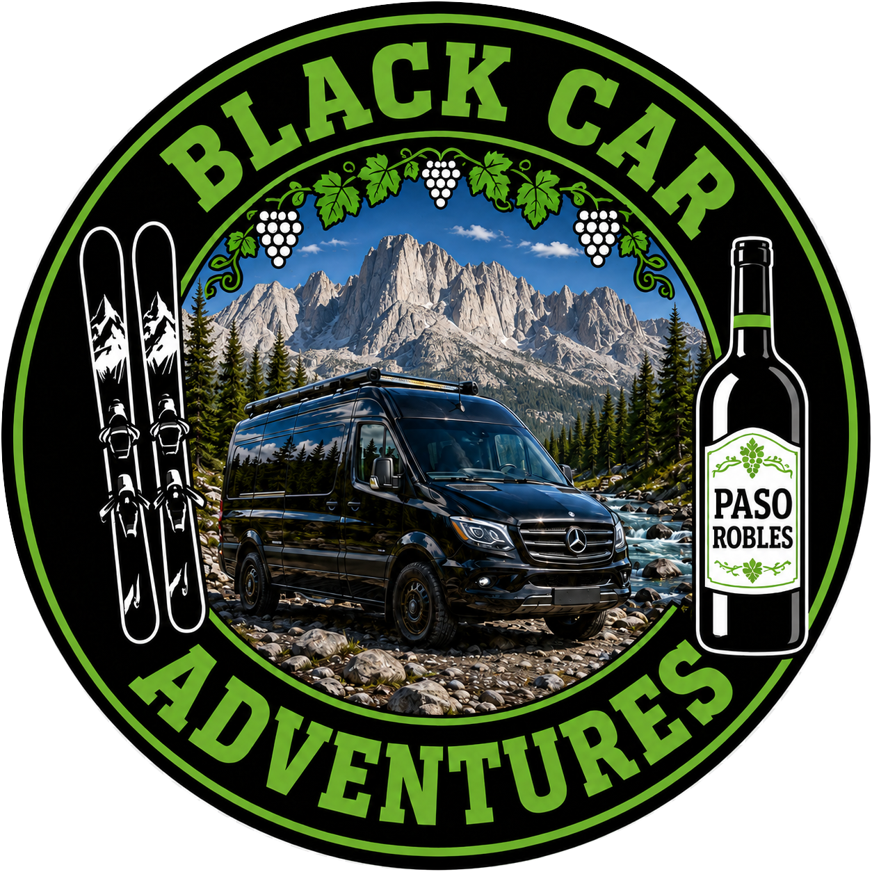 Black Car Adventures round logo with a Mercedes Sprinter, Mount Whitney, rocky stream, skis, and Paso Robles wine bottle
